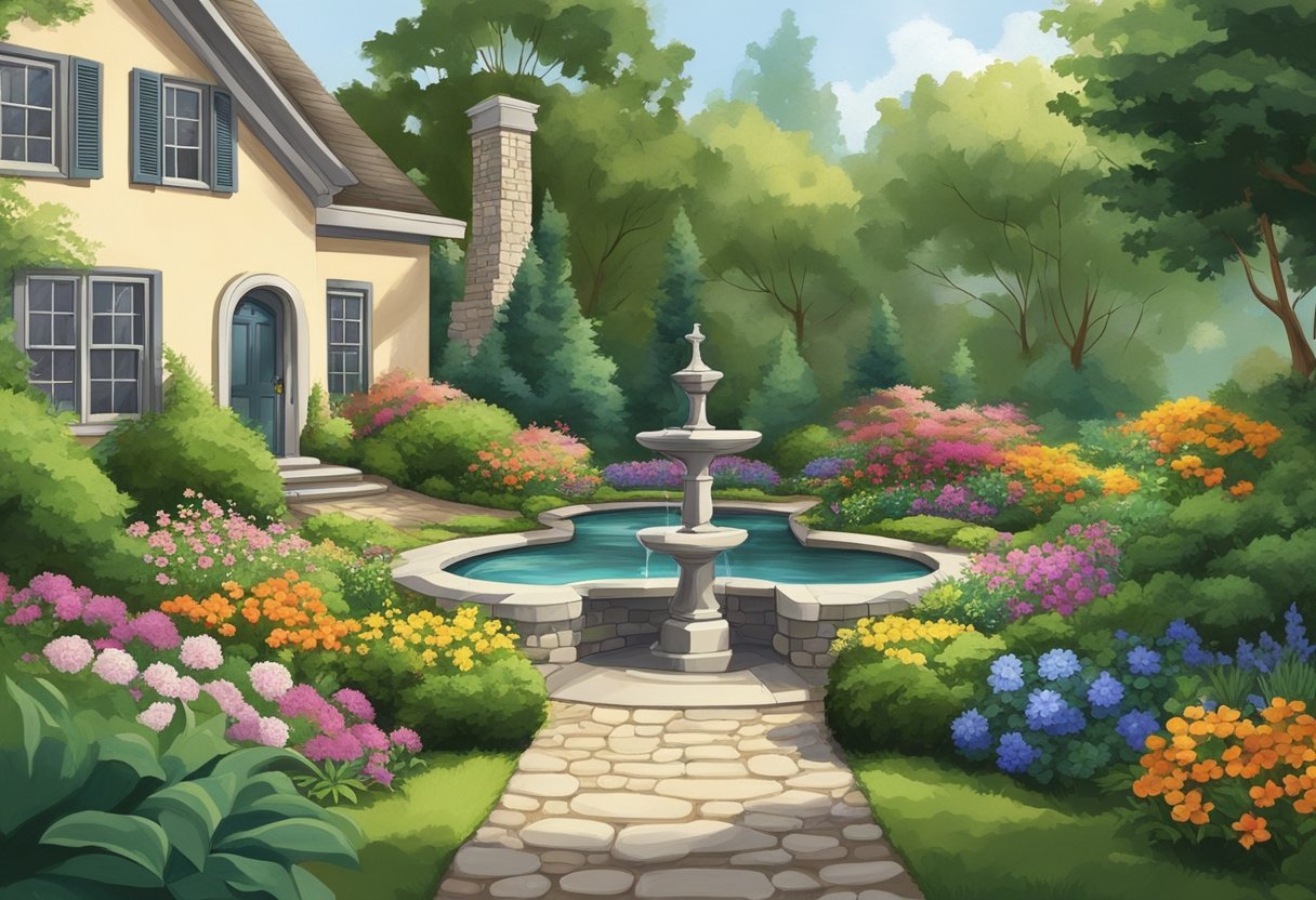 Lush greenery, colorful flowers, and neatly trimmed bushes adorn the front yard, with a winding stone pathway leading to the front door. A small fountain adds a touch of tranquility to the scene