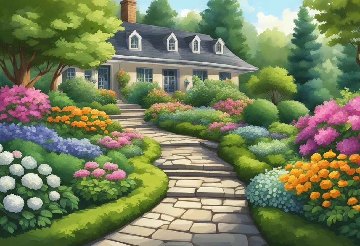 Lush greenery and colorful flowers fill the front yard. A winding stone path leads to the entrance, surrounded by well-manicured shrubs and trees