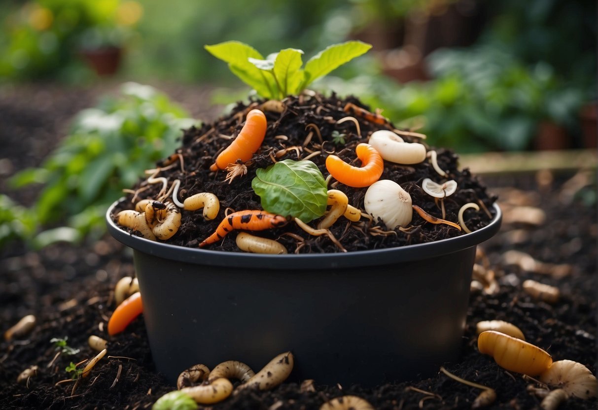 A pile of kitchen scraps and yard waste fills a DIY compost bin, with worms wriggling through the rich, dark soil