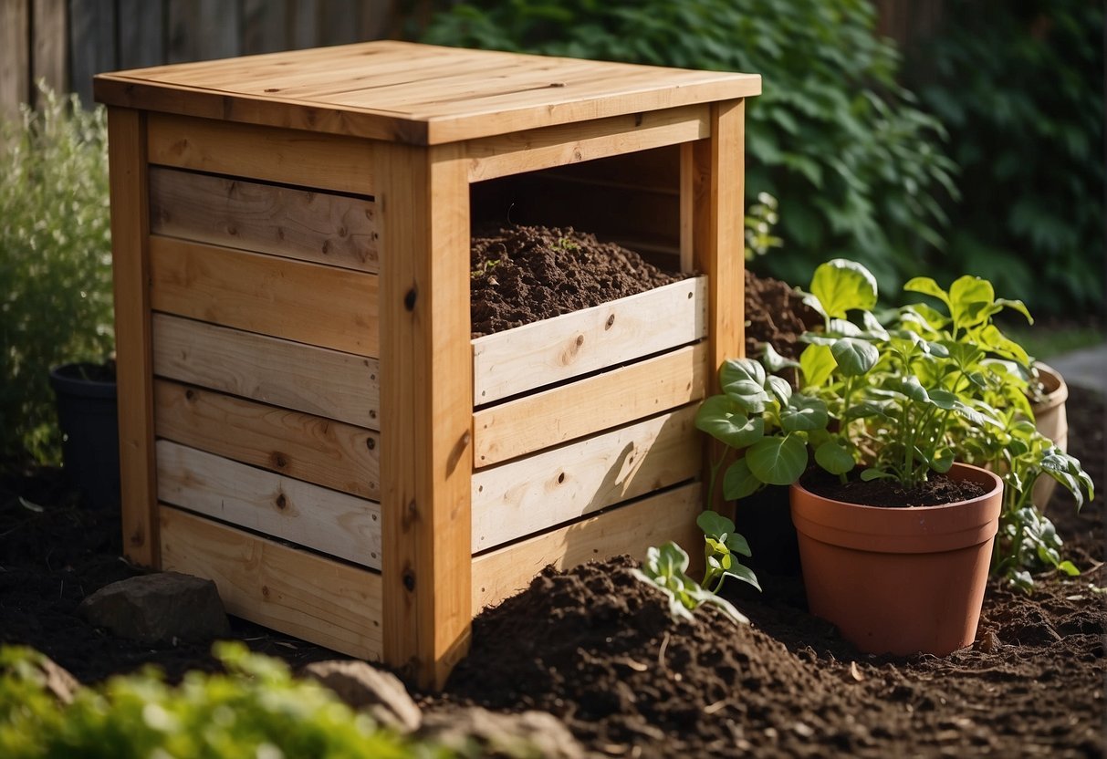 A wooden DIY compost bin sits in a sunny backyard, surrounded by green plants and a small garden. The bin is filled with various organic materials, and steam rises from the top, indicating the decomposition process