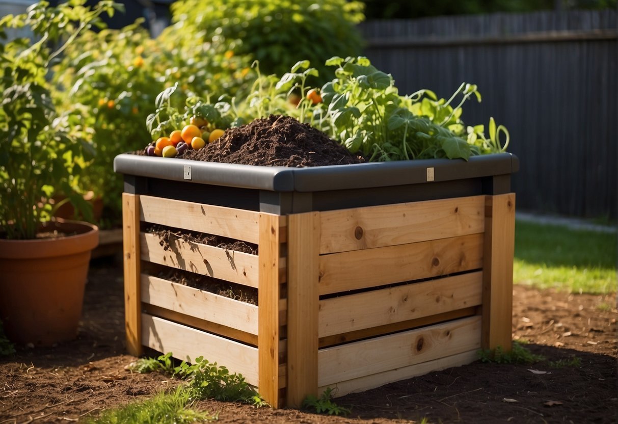 A wooden DIY compost bin sits in a sunny backyard, surrounded by green plants and a small garden. Fruit and vegetable scraps are piled inside, with worms wriggling around in the decomposing material