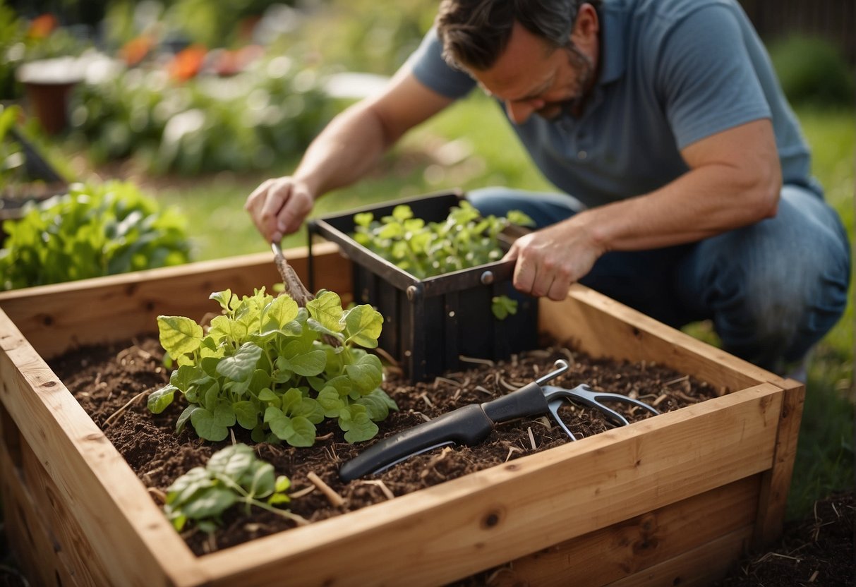 A person constructs a compost bin using wooden planks and wire mesh, surrounded by piles of organic waste and gardening tools