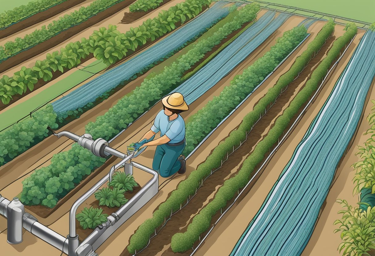 A garden with rows of plants and a drip irrigation system being installed along the rows of plants. A person is setting up the tubing and connecting it to the water source