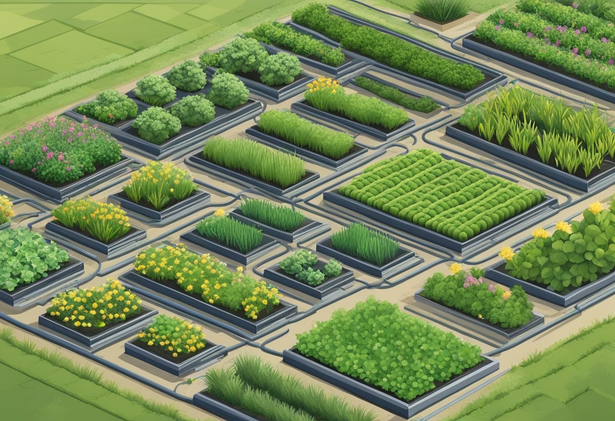 A garden with rows of plants, hoses laid out in a grid pattern, and emitters attached to deliver water directly to the base of each plant